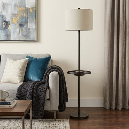 62" Bronze Tray Table Floor Lamp With Beige Drum Shade HomeRoots