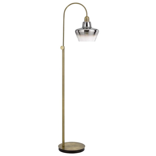 61" Brass Adjustable Arc Floor Lamp With Antiqued Brass Mirrored Glass Novelty Shade HomeRoots