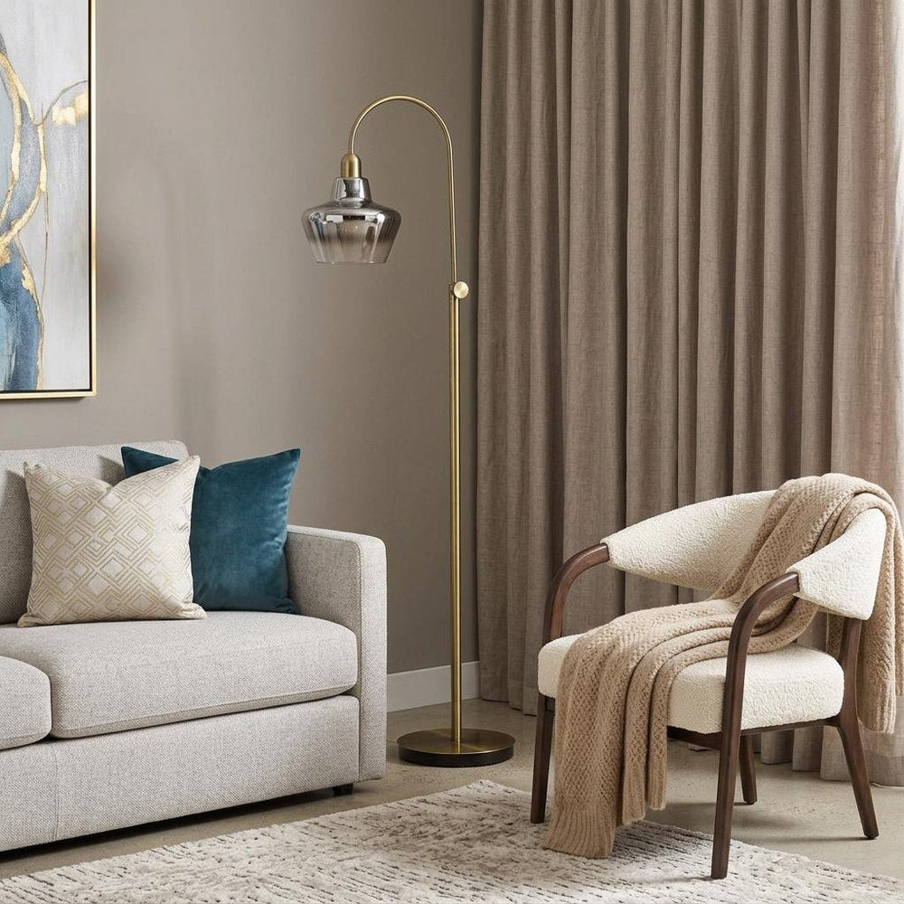 61" Brass Adjustable Arc Floor Lamp With Antiqued Brass Mirrored Glass Novelty Shade HomeRoots