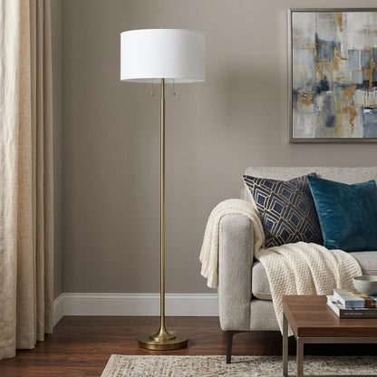64" Brass Two Light Traditional Shaped Floor Lamp With White Rectangular Shade HomeRoots