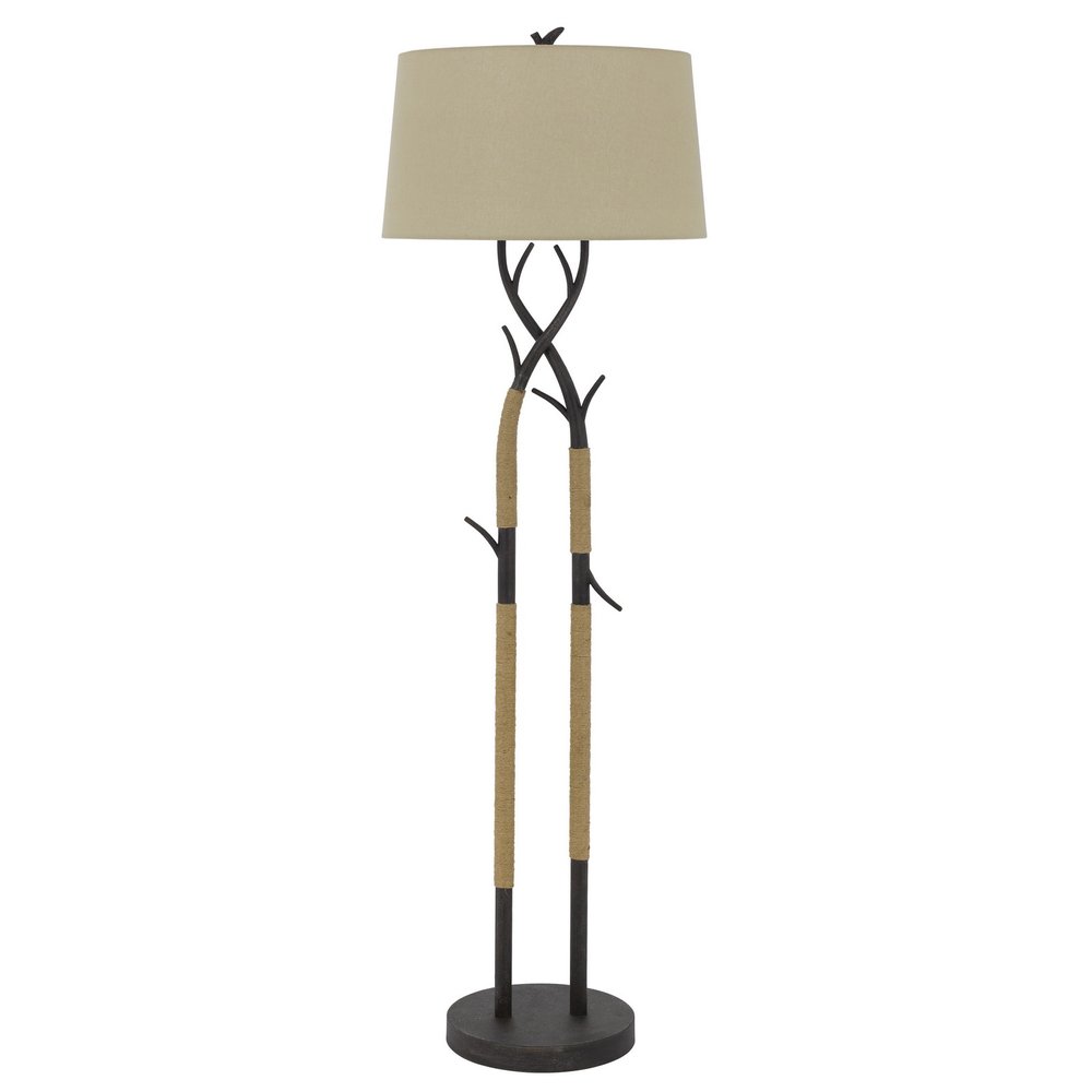 55" Black Metal And Rope Tree Branch Floor Lamp With Tan Fabric Shade HomeRoots
