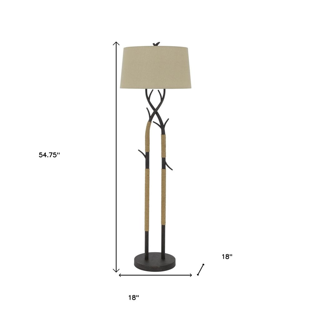 55" Black Metal And Rope Tree Branch Floor Lamp With Tan Fabric Shade HomeRoots