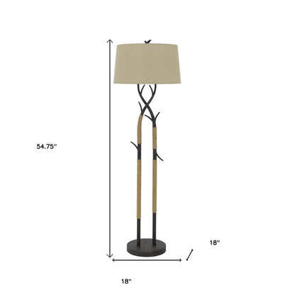 55" Black Metal And Rope Tree Branch Floor Lamp With Tan Fabric Shade HomeRoots
