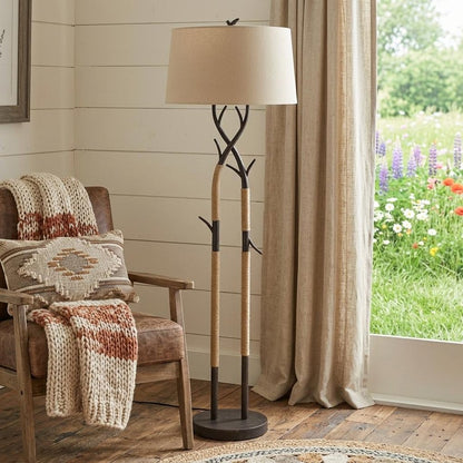55" Black Metal And Rope Tree Branch Floor Lamp With Tan Fabric Shade HomeRoots