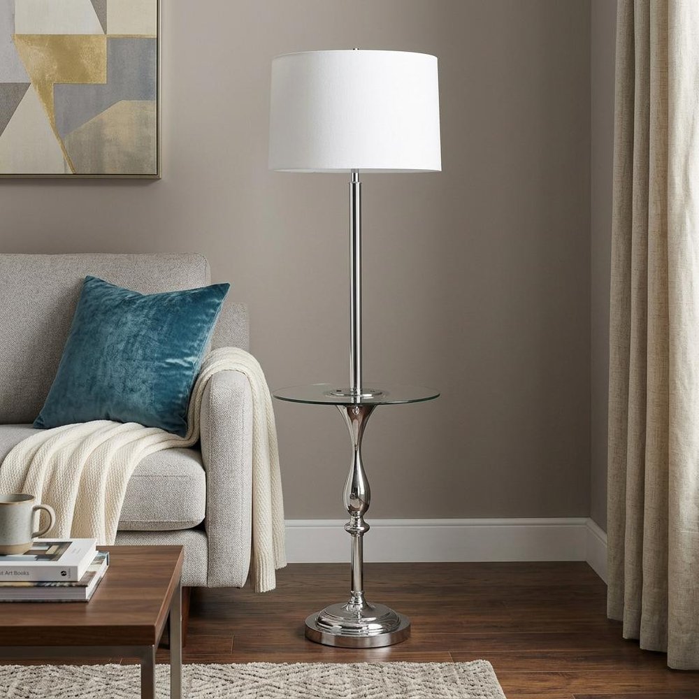 61" Chrome Tray Table Floor Lamp With White Transparent Glass Square Shade HomeRoots