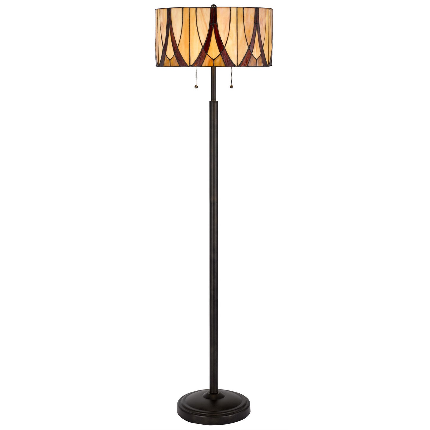 60" Bronze Two Light Traditional Shaped Floor Lamp With Red and Ivory Abstract Tiffany Glass Drum Shade