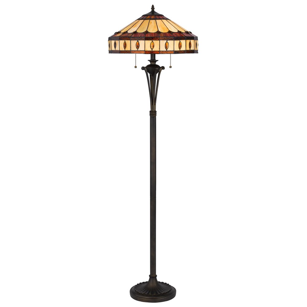 61" Bronze Two Light Traditional Shaped Floor Lamp With Purple and Ivory Abstract Tiffany Glass Empire Shade HomeRoots