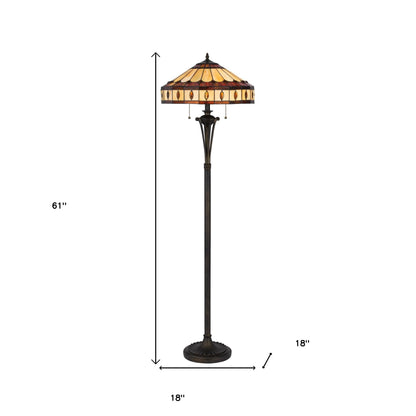 61" Bronze Two Light Traditional Shaped Floor Lamp With Purple and Ivory Abstract Tiffany Glass Empire Shade