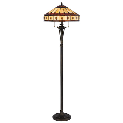 61" Bronze Two Light Traditional Shaped Floor Lamp With Purple and Ivory Abstract Tiffany Glass Empire Shade