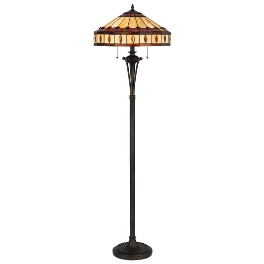 61" Bronze Two Light Traditional Shaped Floor Lamp With Purple and Ivory Abstract Tiffany Glass Empire Shade