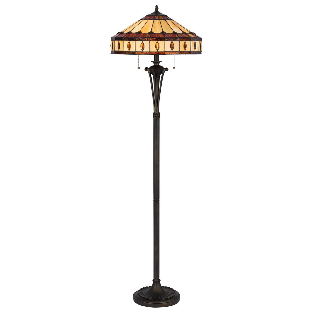 61" Bronze Two Light Traditional Shaped Floor Lamp With Purple and Ivory Abstract Tiffany Glass Empire Shade HomeRoots