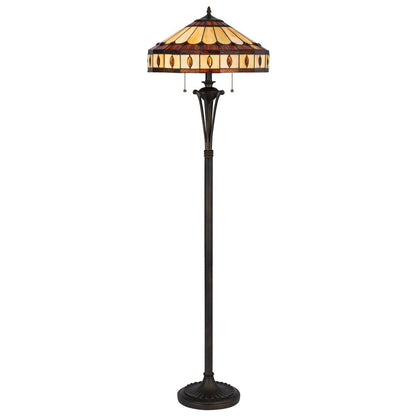 61" Bronze Two Light Traditional Shaped Floor Lamp With Purple and Ivory Abstract Tiffany Glass Empire Shade HomeRoots