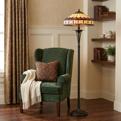 61" Bronze Two Light Traditional Shaped Floor Lamp With Purple and Ivory Abstract Tiffany Glass Empire Shade HomeRoots