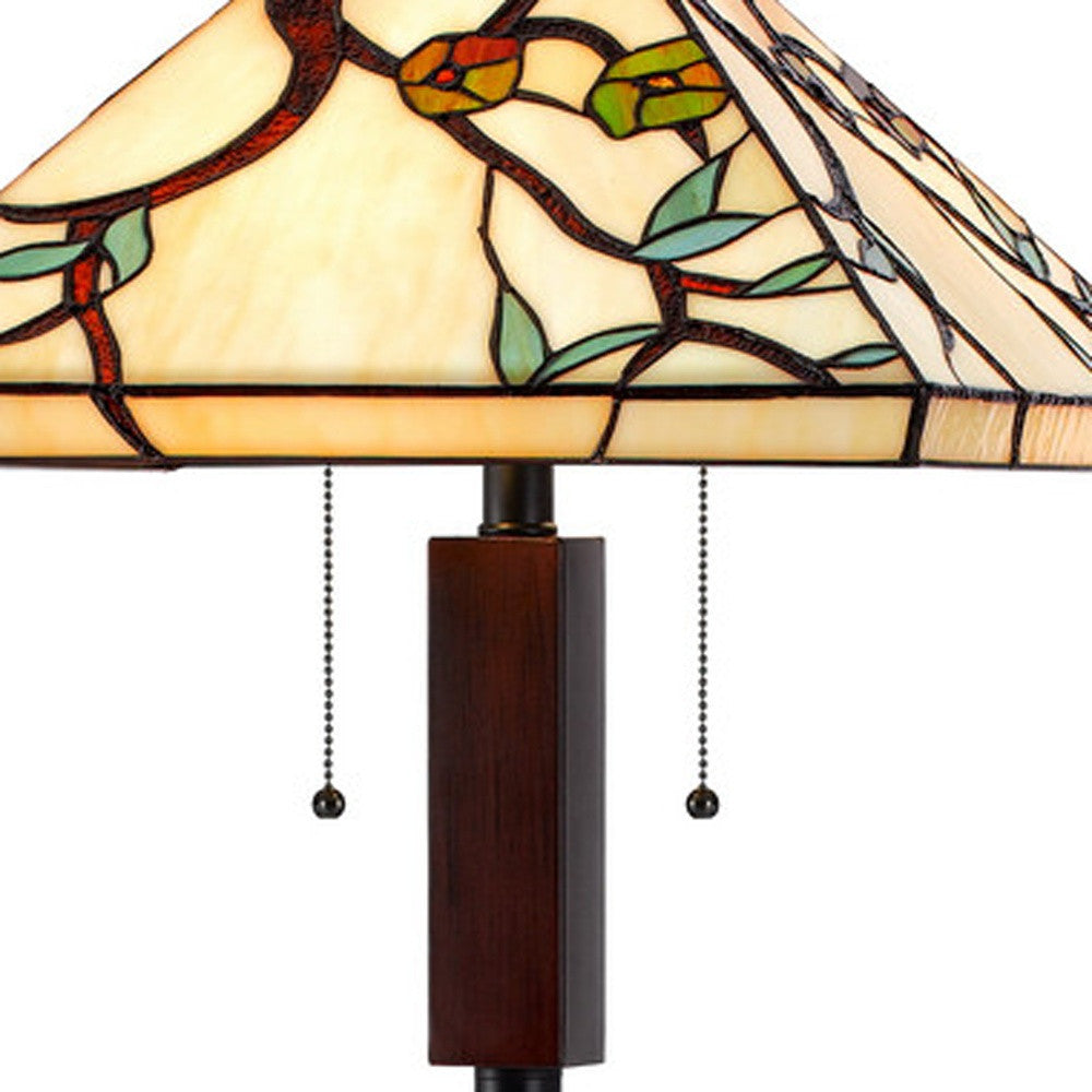 60" Bronze Two Light Traditional Shaped Floor Lamp With Green and Ivory Floral Tiffany Glass Square Shade