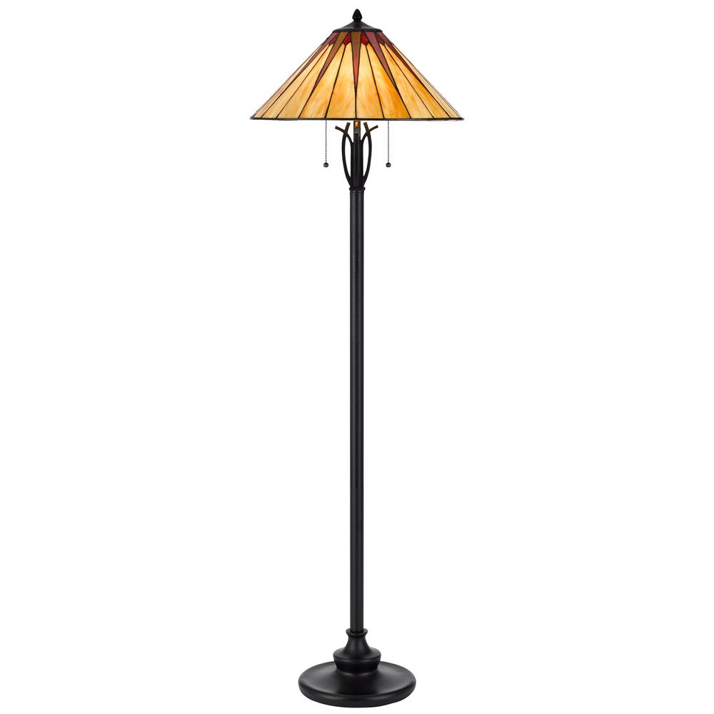 61" Bronze Two Light Traditional Shaped Floor Lamp With Red and Ivory Abstract Tiffany Glass Empire Shade HomeRoots