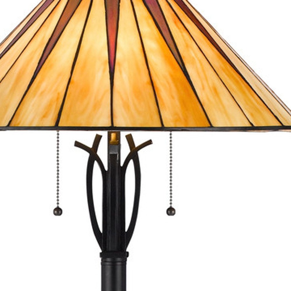 61" Bronze Two Light Traditional Shaped Floor Lamp With Red and Ivory Abstract Tiffany Glass Empire Shade — view 2