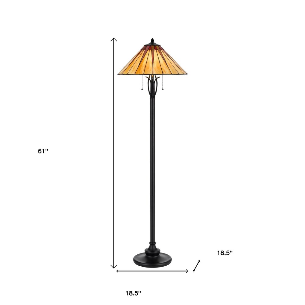61" Bronze Two Light Traditional Shaped Floor Lamp With Red and Ivory Abstract Tiffany Glass Empire Shade HomeRoots