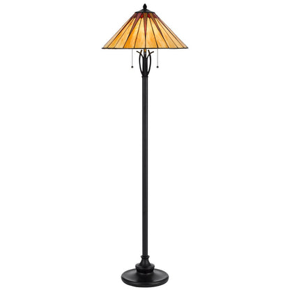 61" Bronze Two Light Traditional Shaped Floor Lamp With Red and Ivory Abstract Tiffany Glass Empire Shade HomeRoots