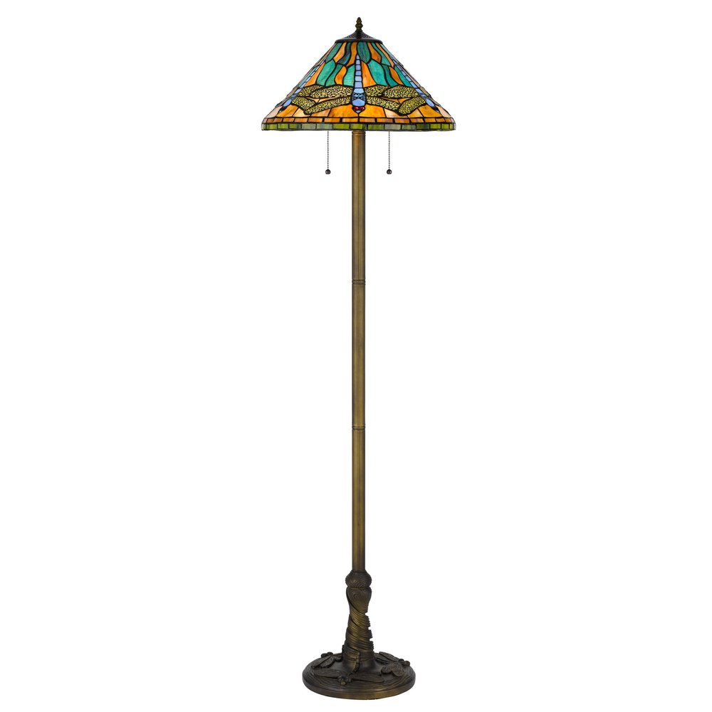 63" Brass Two Light Traditional Shaped Floor Lamp With Blue and Orange Dragonfly Tiffany Glass Empire Shade HomeRoots