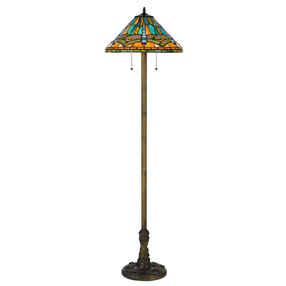63" Brass Two Light Traditional Shaped Floor Lamp With Blue and Orange Dragonfly Tiffany Glass Empire Shade HomeRoots