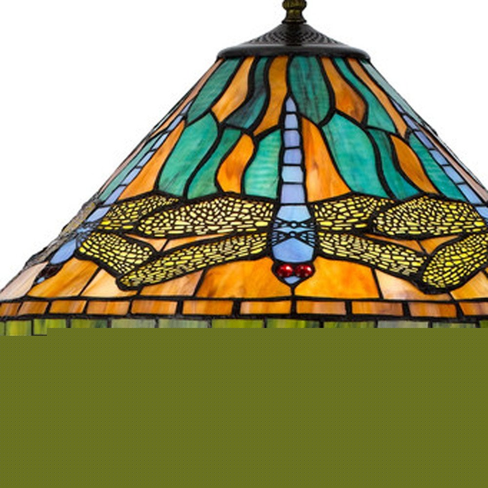 63" Brass Two Light Traditional Shaped Floor Lamp With Blue and Orange Dragonfly Tiffany Glass Empire Shade HomeRoots