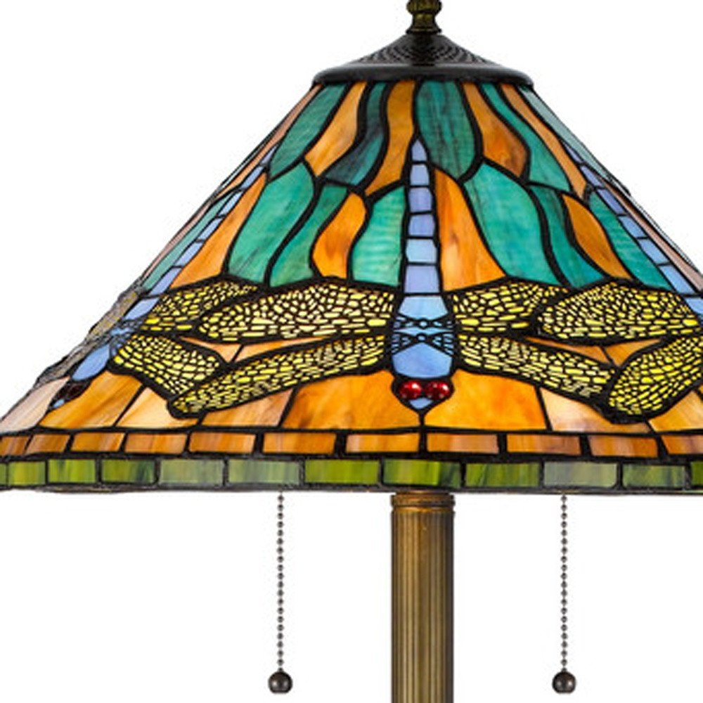 63" Brass Two Light Traditional Shaped Floor Lamp With Blue and Orange Dragonfly Tiffany Glass Empire Shade HomeRoots