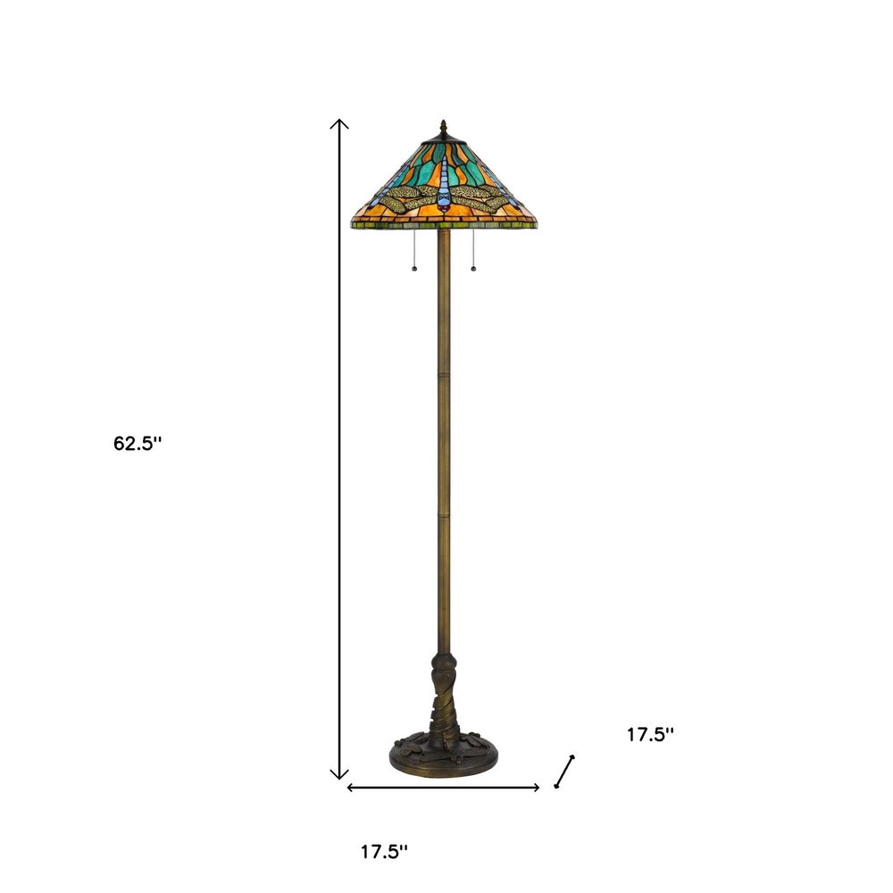 63" Brass Two Light Traditional Shaped Floor Lamp With Blue and Orange Dragonfly Tiffany Glass Empire Shade HomeRoots