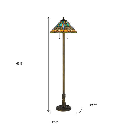 63" Brass Two Light Traditional Shaped Floor Lamp With Blue and Orange Dragonfly Tiffany Glass Empire Shade HomeRoots