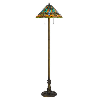 63" Brass Two Light Traditional Shaped Floor Lamp With Blue and Orange Dragonfly Tiffany Glass Empire Shade HomeRoots