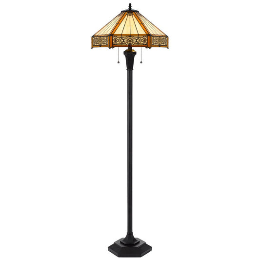 60" Bronze Two Light Traditional Shaped Floor Lamp With Orange and Ivory Abstract Tiffany Glass Empire Shade HomeRoots