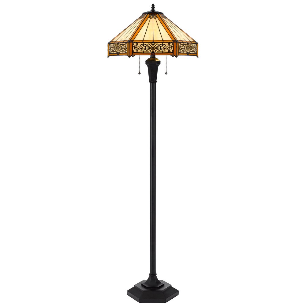 60" Bronze Two Light Traditional Shaped Floor Lamp With Orange and Ivory Abstract Tiffany Glass Empire Shade HomeRoots