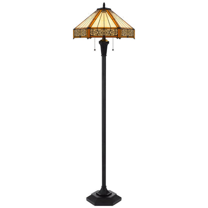 60" Bronze Two Light Traditional Shaped Floor Lamp With Orange and Ivory Abstract Tiffany Glass Empire Shade HomeRoots