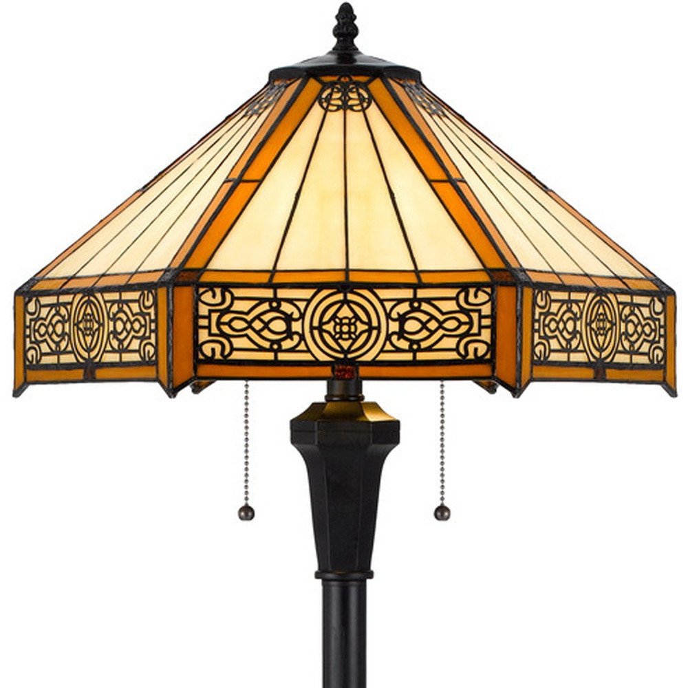 60" Bronze Two Light Traditional Shaped Floor Lamp With Orange and Ivory Abstract Tiffany Glass Empire Shade HomeRoots