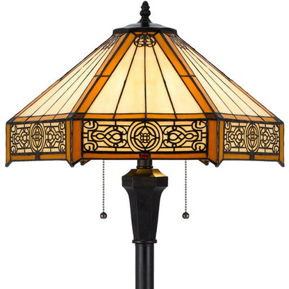 60" Bronze Two Light Traditional Shaped Floor Lamp With Orange and Ivory Abstract Tiffany Glass Empire Shade HomeRoots