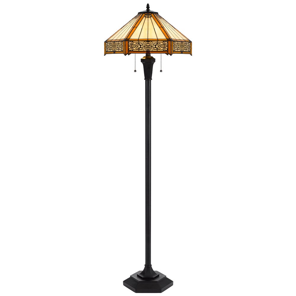 60" Bronze Two Light Traditional Shaped Floor Lamp With Orange and Ivory Abstract Tiffany Glass Empire Shade HomeRoots