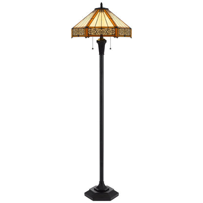 60" Bronze Two Light Traditional Shaped Floor Lamp With Orange and Ivory Abstract Tiffany Glass Empire Shade HomeRoots