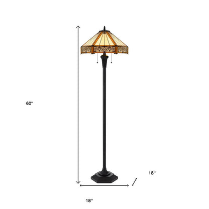 60" Bronze Two Light Traditional Shaped Floor Lamp With Orange and Ivory Abstract Tiffany Glass Empire Shade HomeRoots