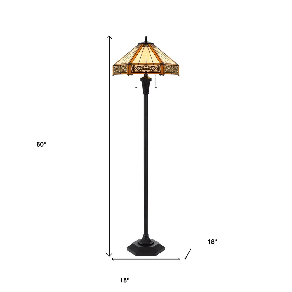 60" Bronze Two Light Traditional Shaped Floor Lamp With Orange and Ivory Abstract Tiffany Glass Empire Shade HomeRoots