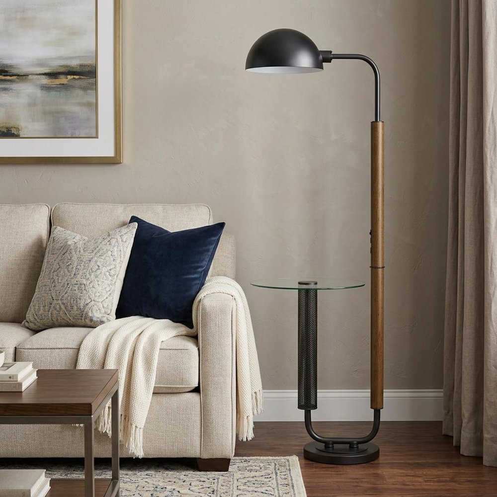 63" Brown Tray Table Floor Lamp With Bronze Transparent Glass Dome Shade HomeRoots