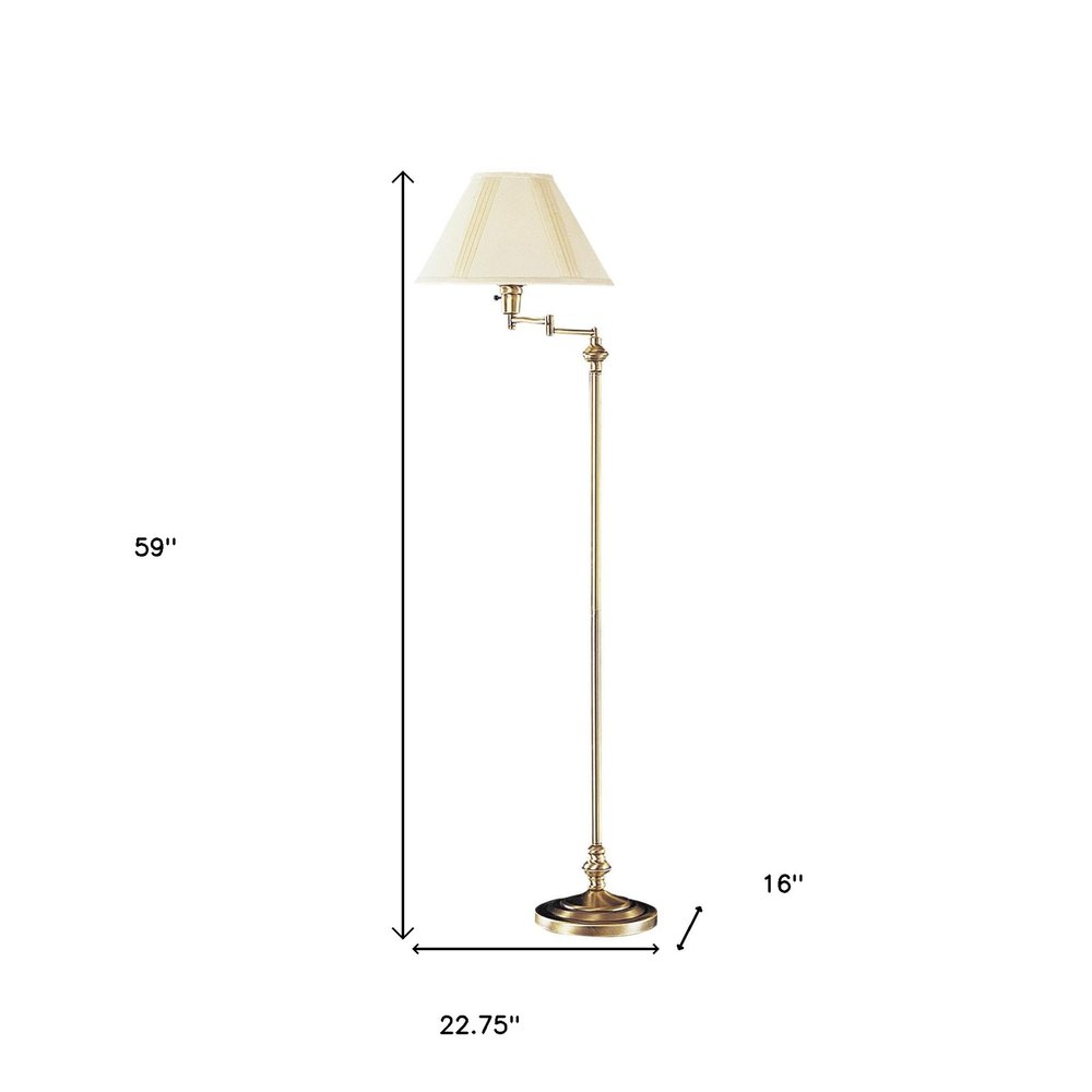 59" Bronze Metal Swing Arm Floor Lamp With Beige Fabric Empire Shade