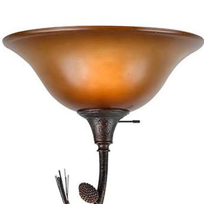 72" Rusted Torchiere Floor Lamp With Brown Frosted Glass Dome Shade