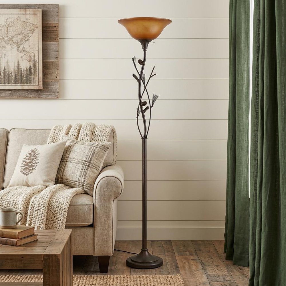 72" Amber Torchiere Floor Lamp With Brown Glass Dome Shade HomeRoots