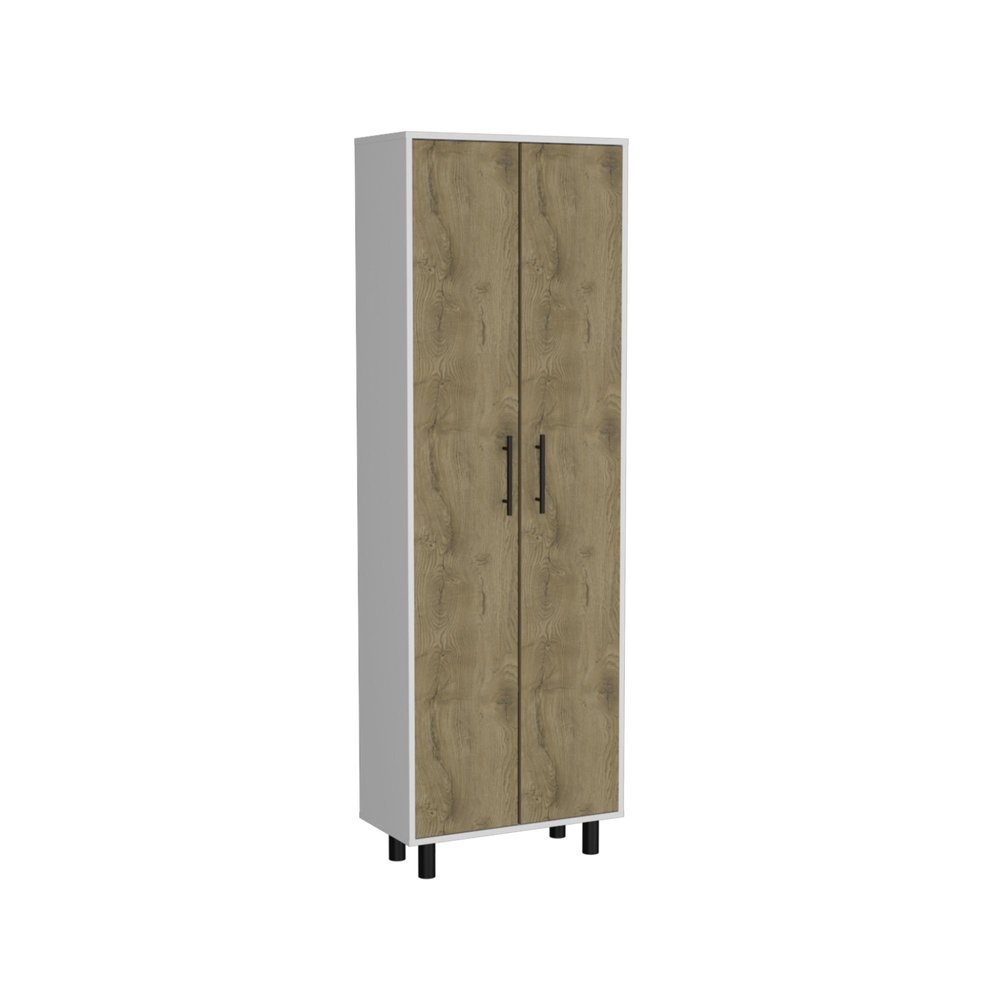 Set of Two Oak and White Wood Kitchen Island And Pantry Cabinet HomeRoots