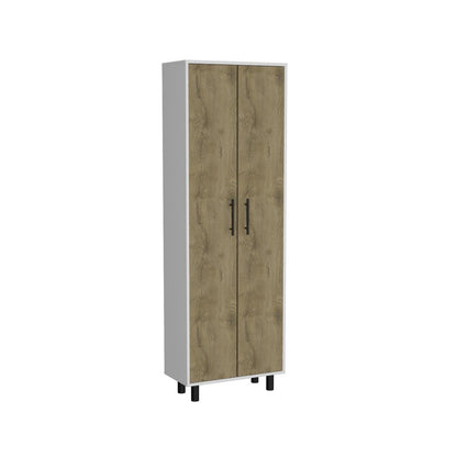Set of Two Oak and White Wood Kitchen Island And Pantry Cabinet HomeRoots