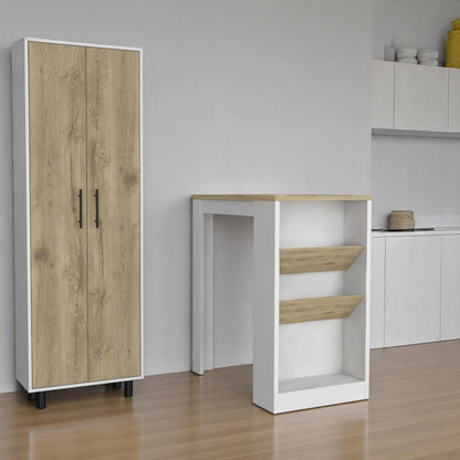 Set of Two Oak and White Wood Kitchen Island And Pantry Cabinet HomeRoots