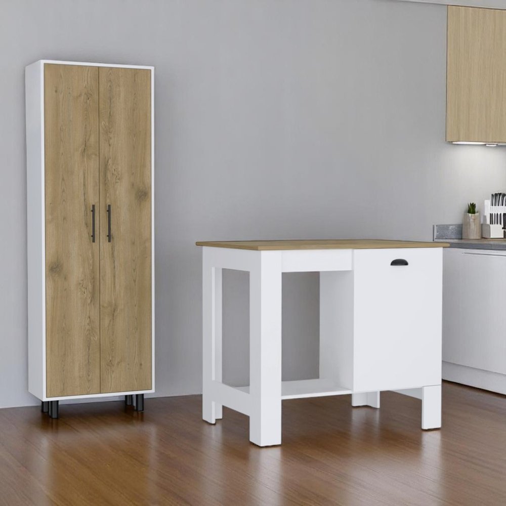 Set of Two Oak and White Wood Kitchen Island And Pantry Cabinet HomeRoots