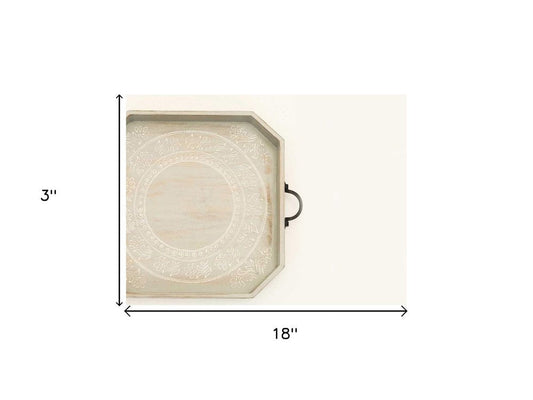Set Of Two Gray and White Octagon Solid Wood Paisley Handmade Serving Tray With Handles HomeRoots