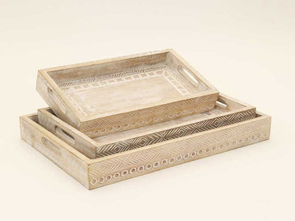Set of Three White Rectangular Solid Wood Handmade Serving Tray With Handles HomeRoots