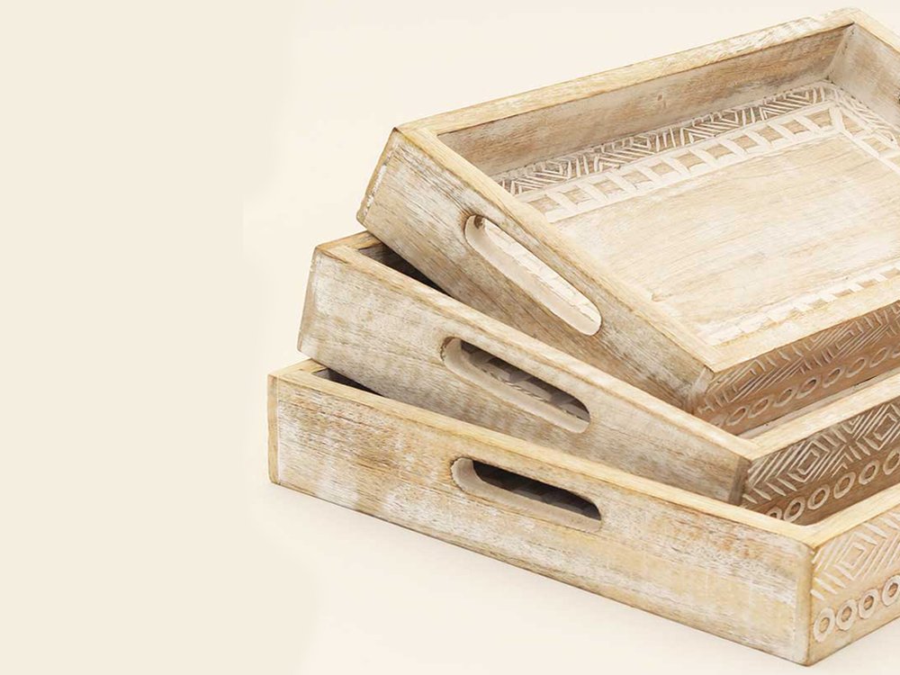 Set of Three White Rectangular Solid Wood Handmade Serving Tray With Handles HomeRoots