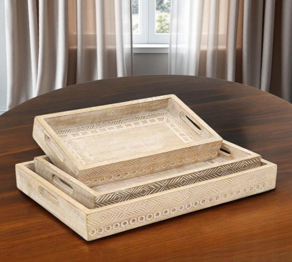 Set of Three White Rectangular Solid Wood Handmade Serving Tray With Handles HomeRoots